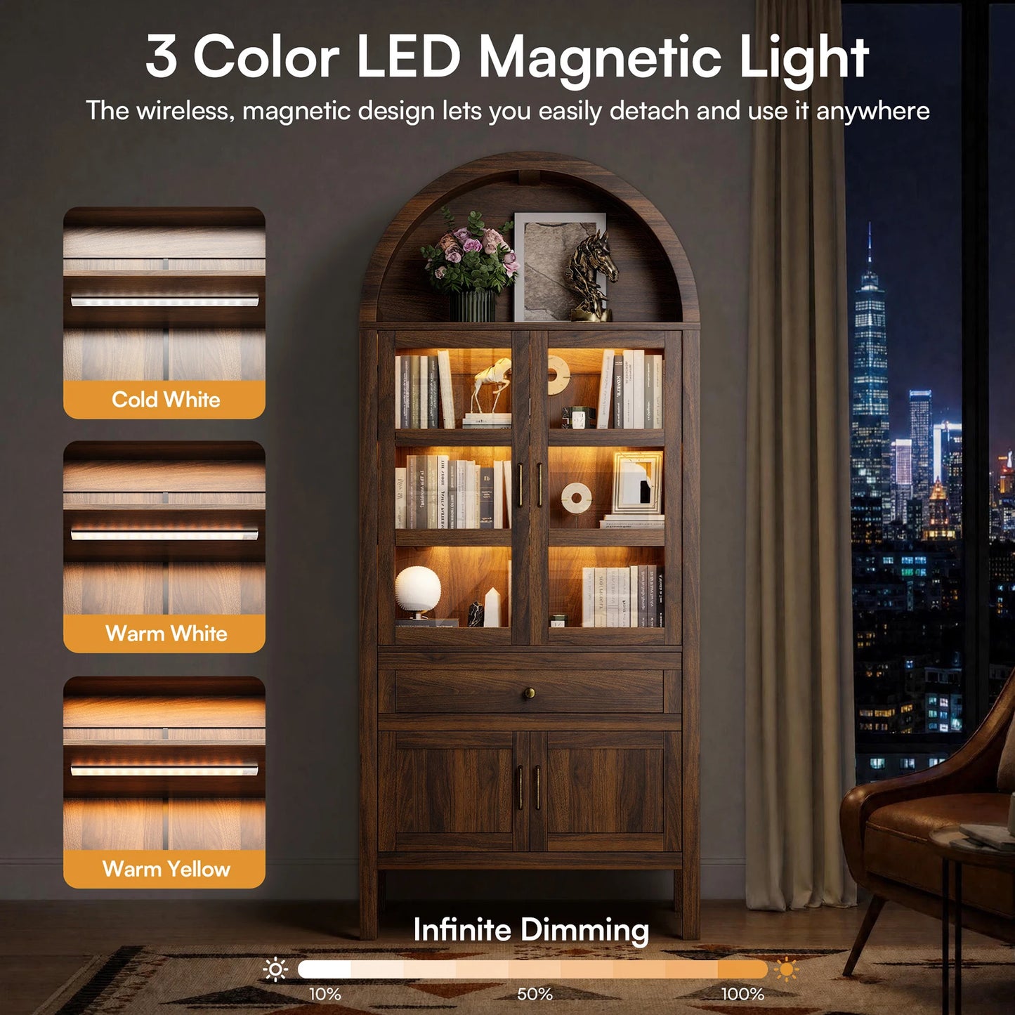 Cottinch Arched Wood Storage Cabinet With Dimmable LEDs And Adjustable Shelves