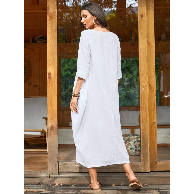 Cotton Caftan Maxi Dress Loose Fit For Autumn Casual