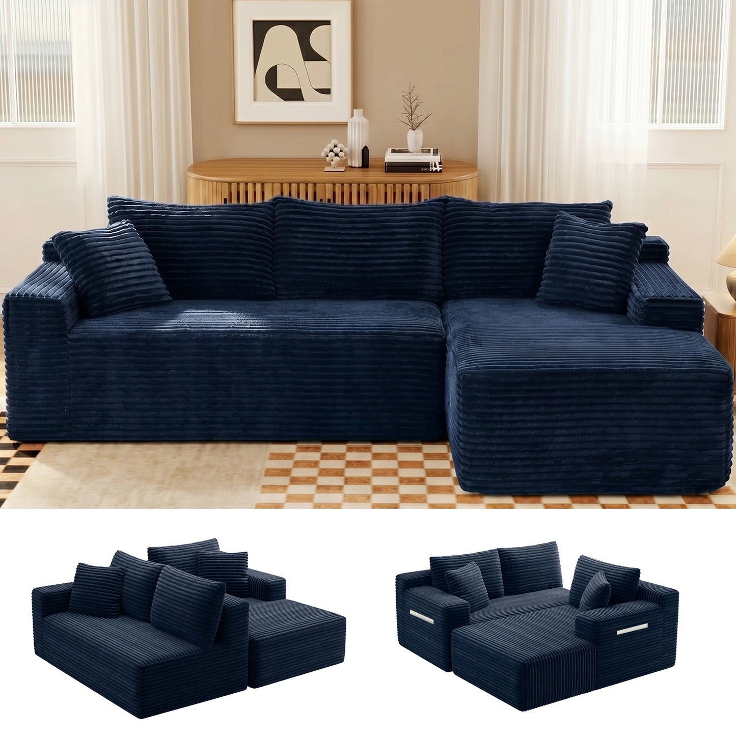 Corduroy Modular Sectional Sofa L Shape Chaise For Living Room
