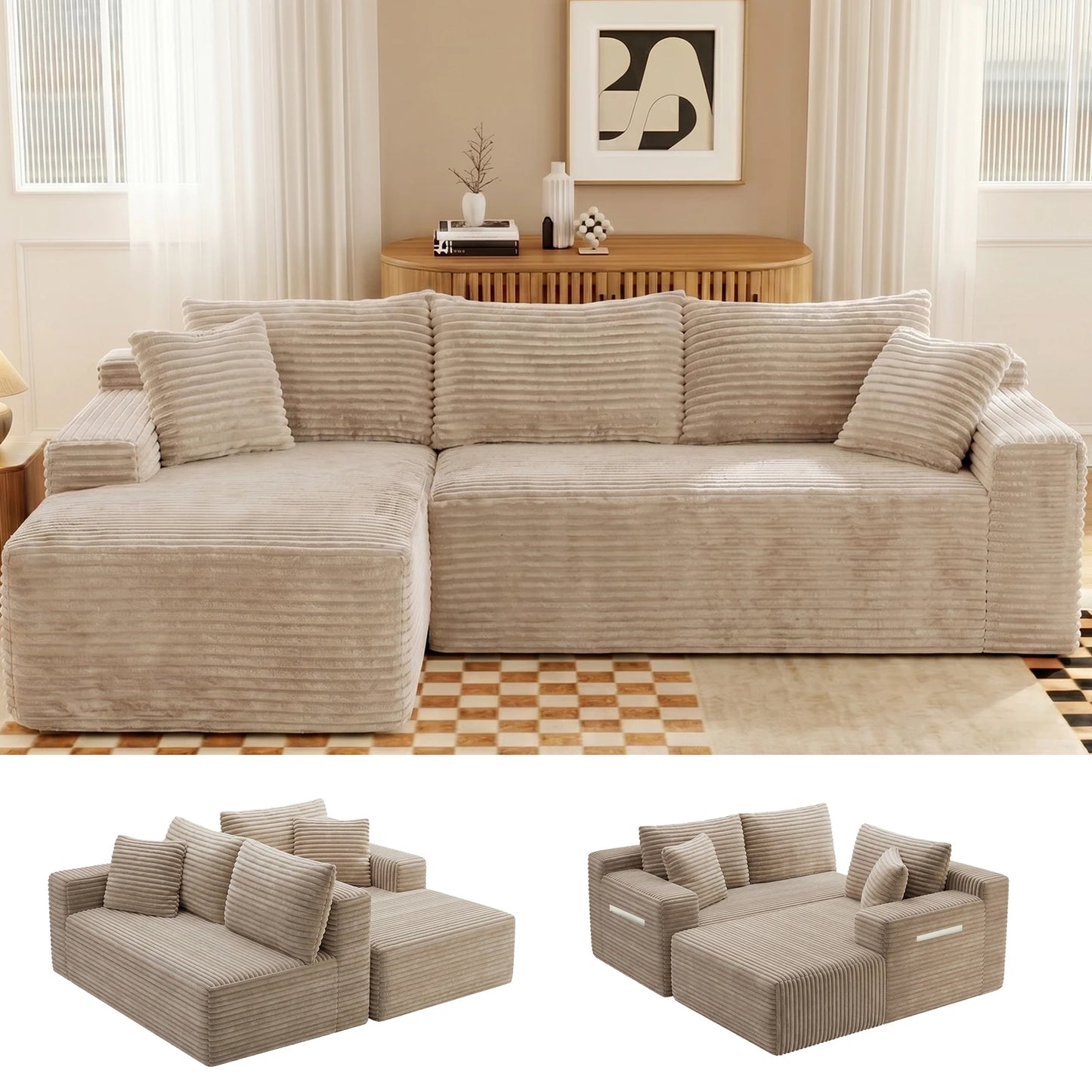 Corduroy Modular Sectional Sofa L Shape Chaise For Living Room