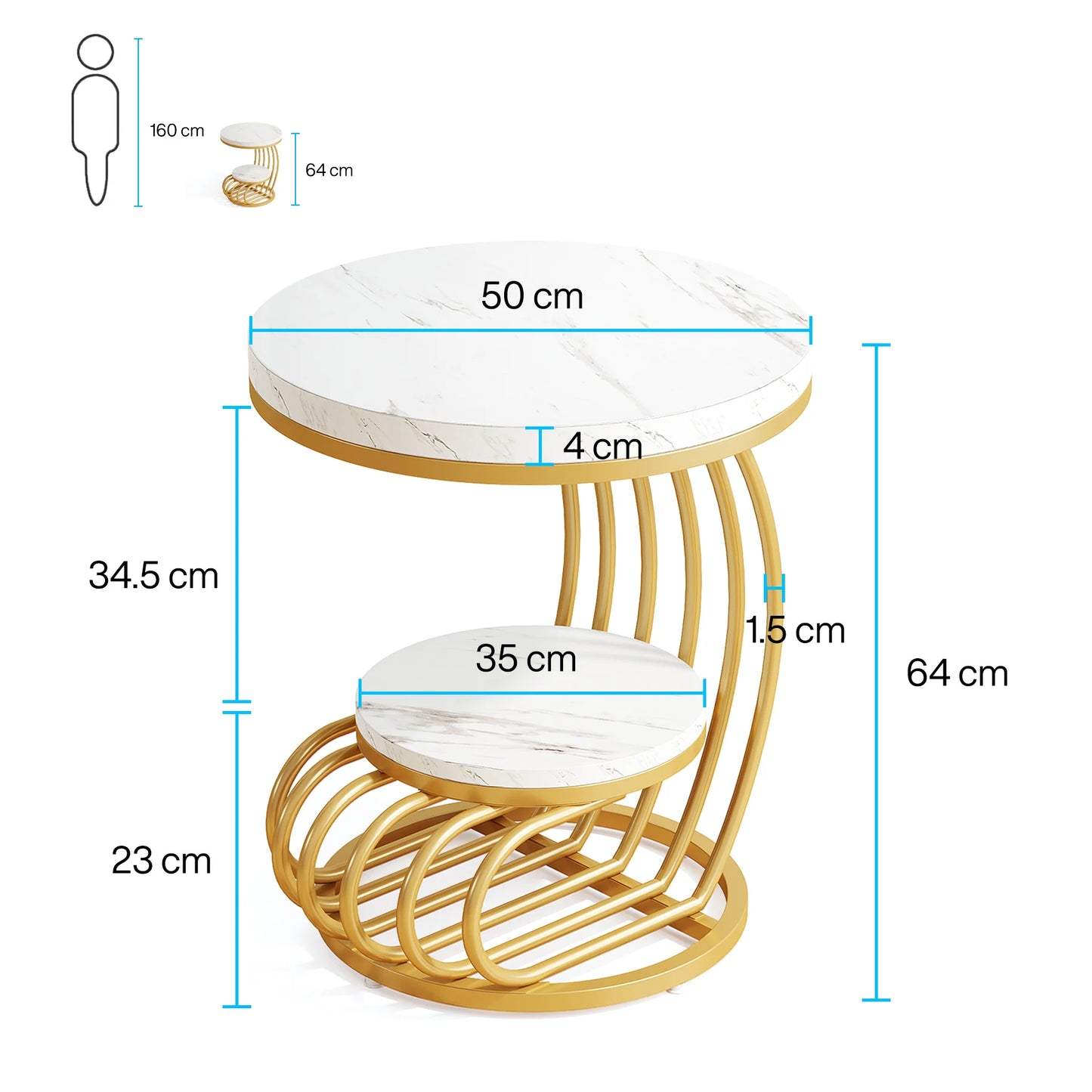 Tribesigns Round End Table Two Tier Faux Marble Shelf Nightstand