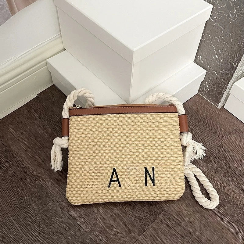 Minimalist Straw Crossbody Bag With Thick Rope Strap Embroidery