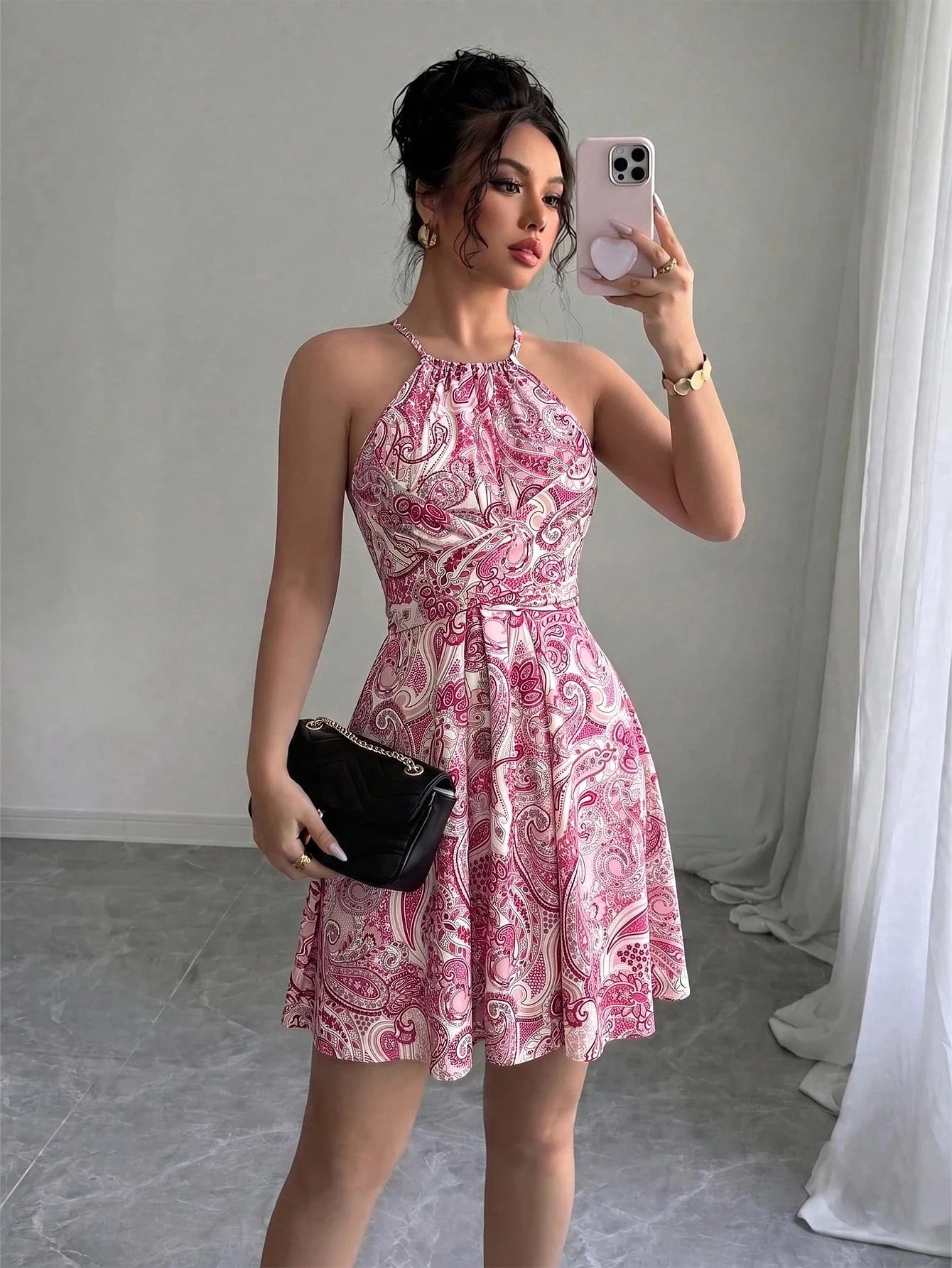 Tie Dye Print Halter Neck Dress Slim Fit High Waist