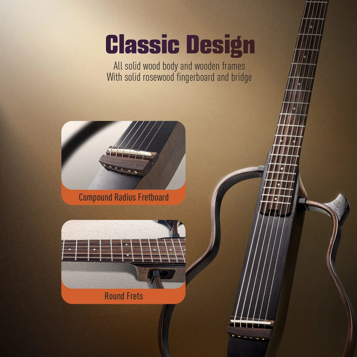SonicaKe Silent Acoustic Electric Travel Guitar With Rechargeable Preamp