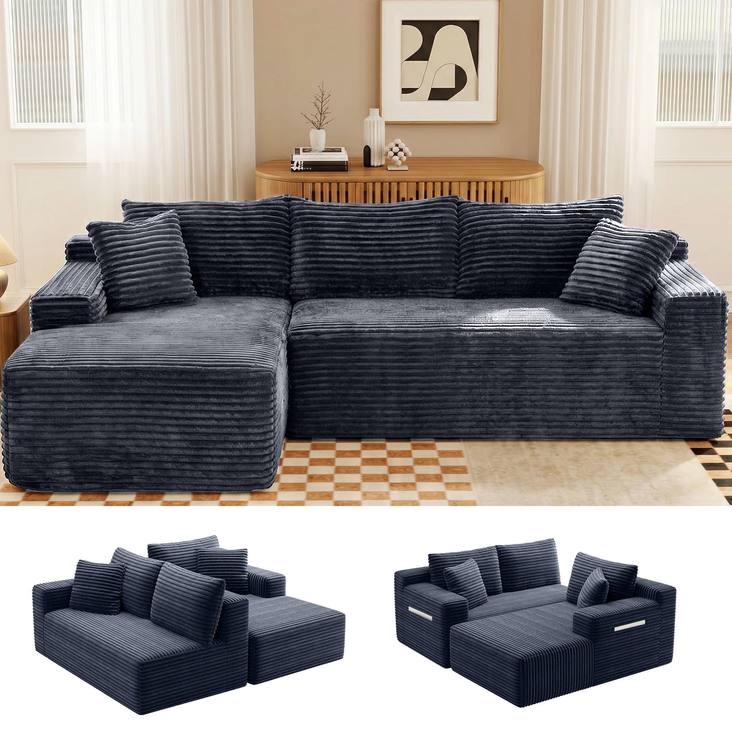 Corduroy Modular Sectional Sofa L Shape Chaise For Living Room