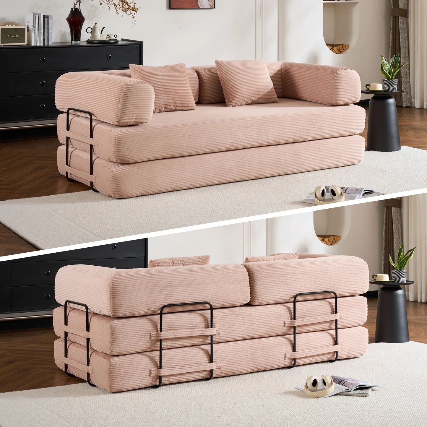 THOLASIS Folding Convertible Sofa Bed Corduroy Futon for Small Spaces
