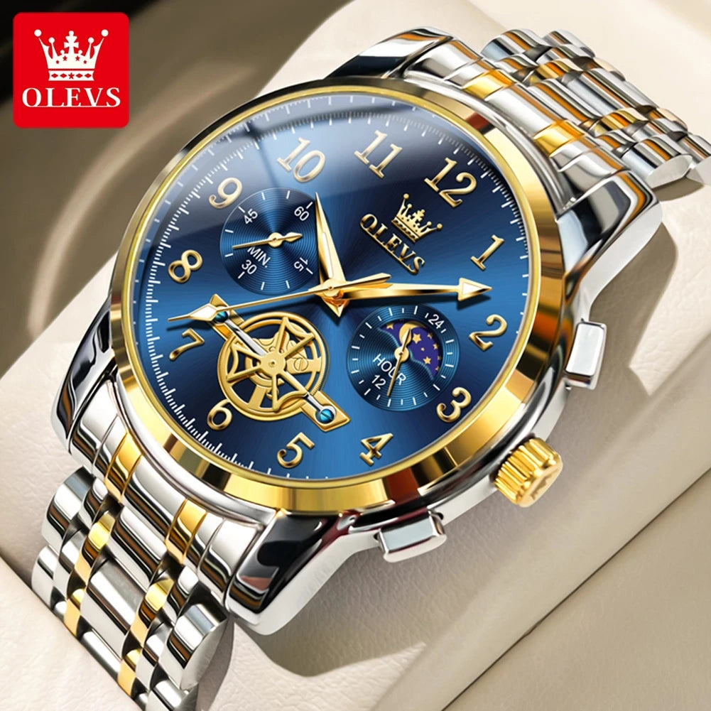 OLEVS Moon Phase Skeleton Chronograph Watch for Men Stainless Steel