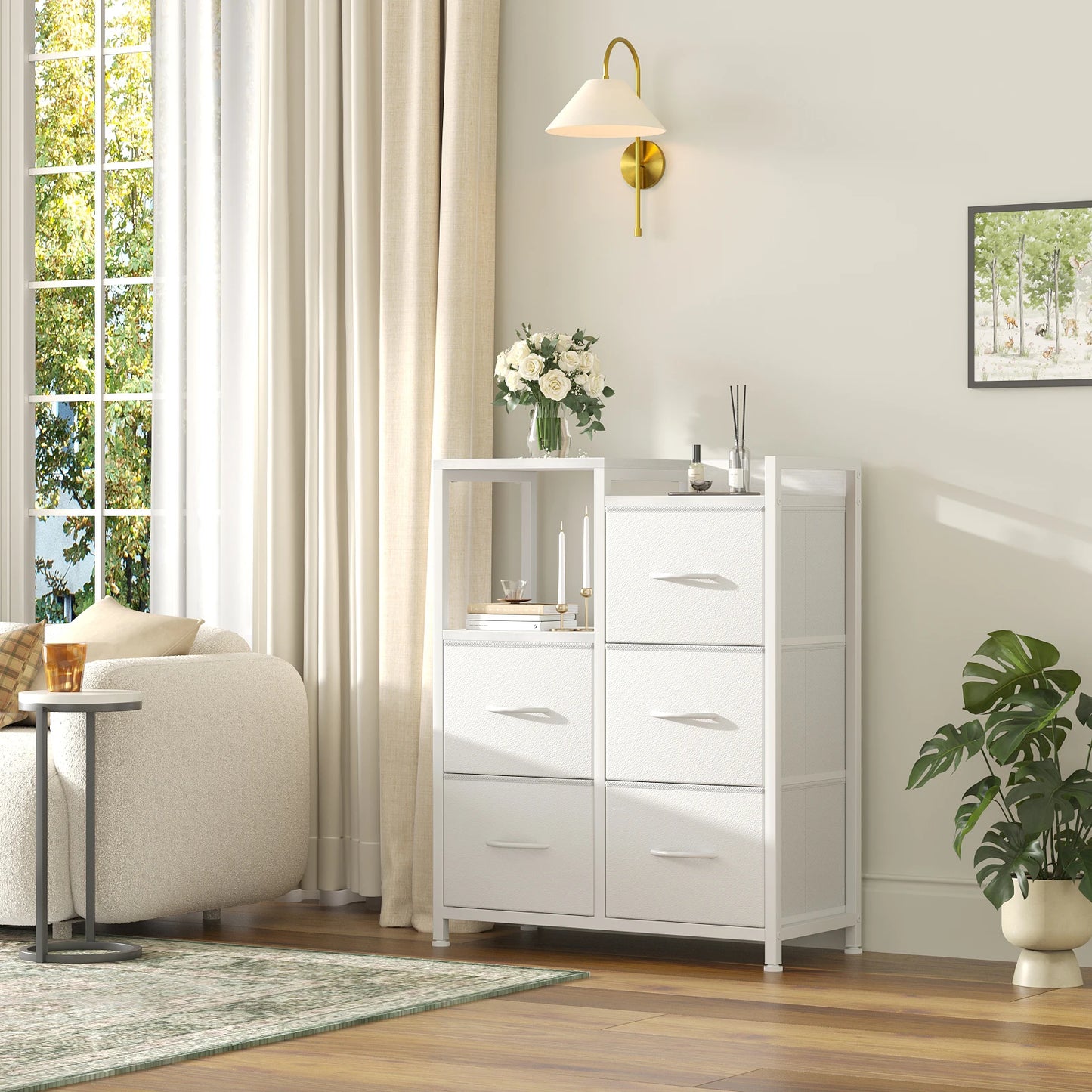 JHK 5 Fabric Drawer Chest With Raised Shelf Metal Frame TV Stand