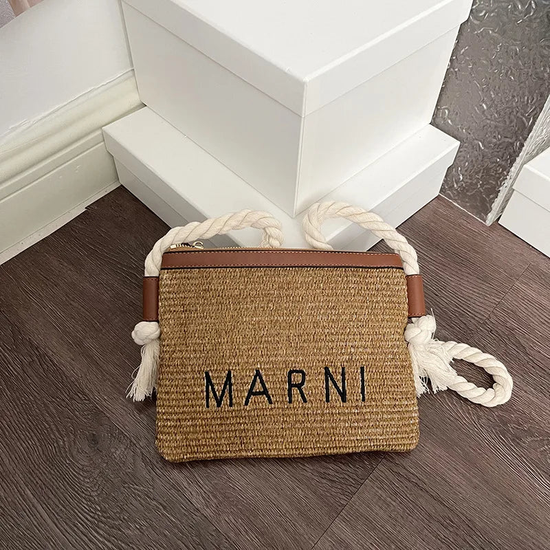 Minimalist Straw Crossbody Bag With Thick Rope Strap Embroidery