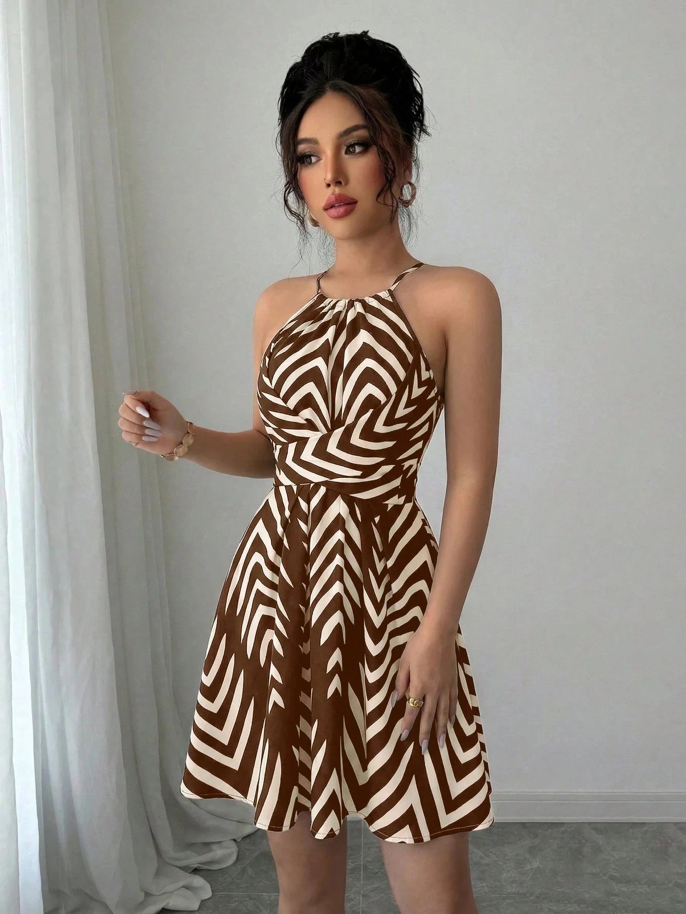 Tie Dye Print Halter Neck Dress Slim Fit High Waist