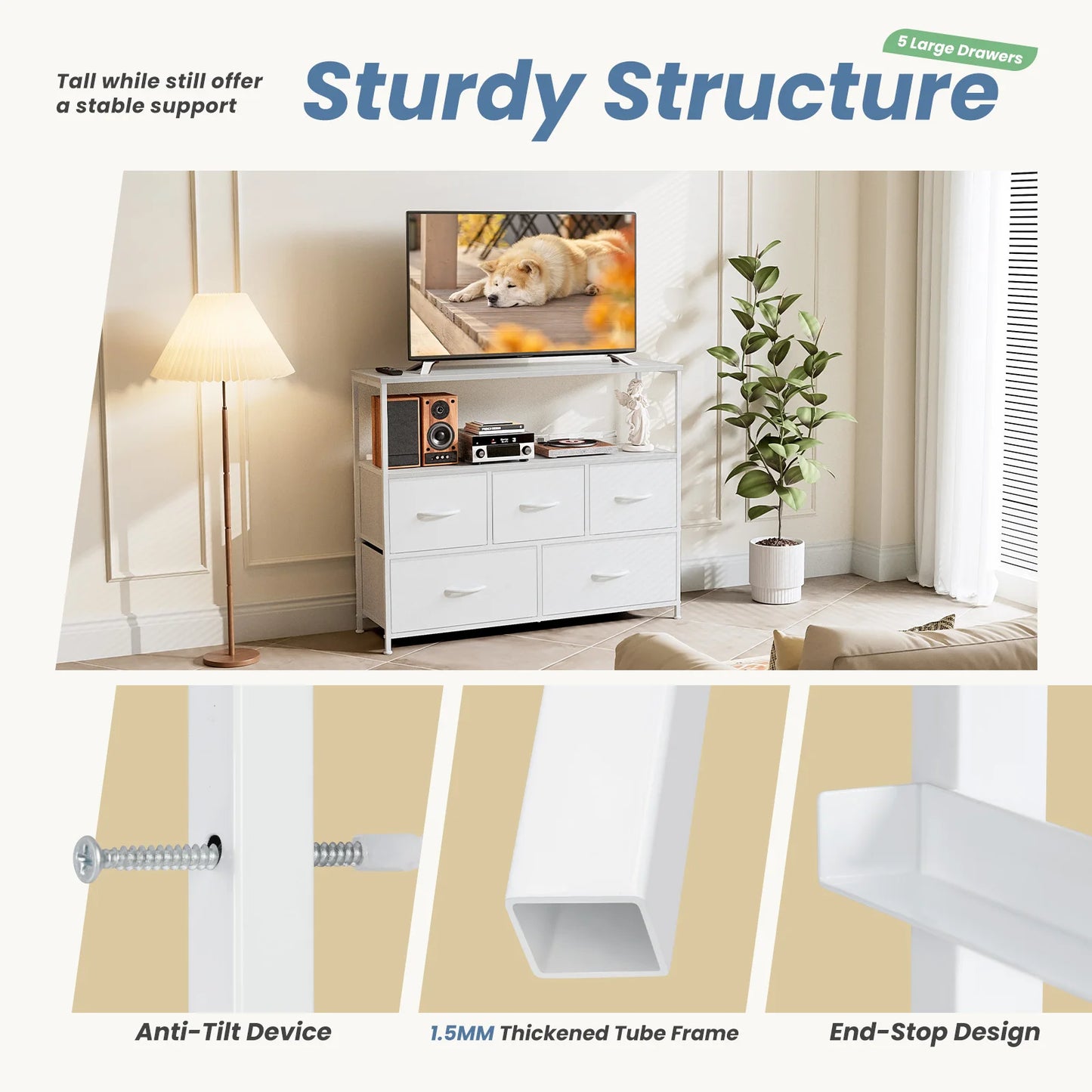 MCQ TV Stand Dresser With Five Fabric Storage Drawers Console
