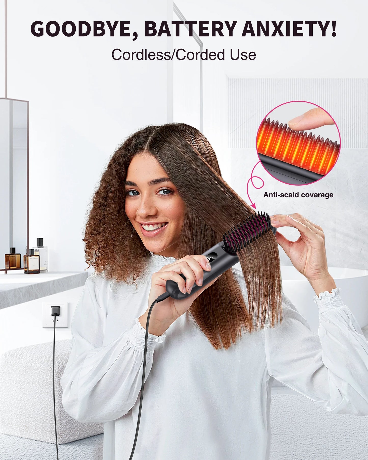 BOPCAL Cordless Hair Straightener Brush Negative Ions LED Display