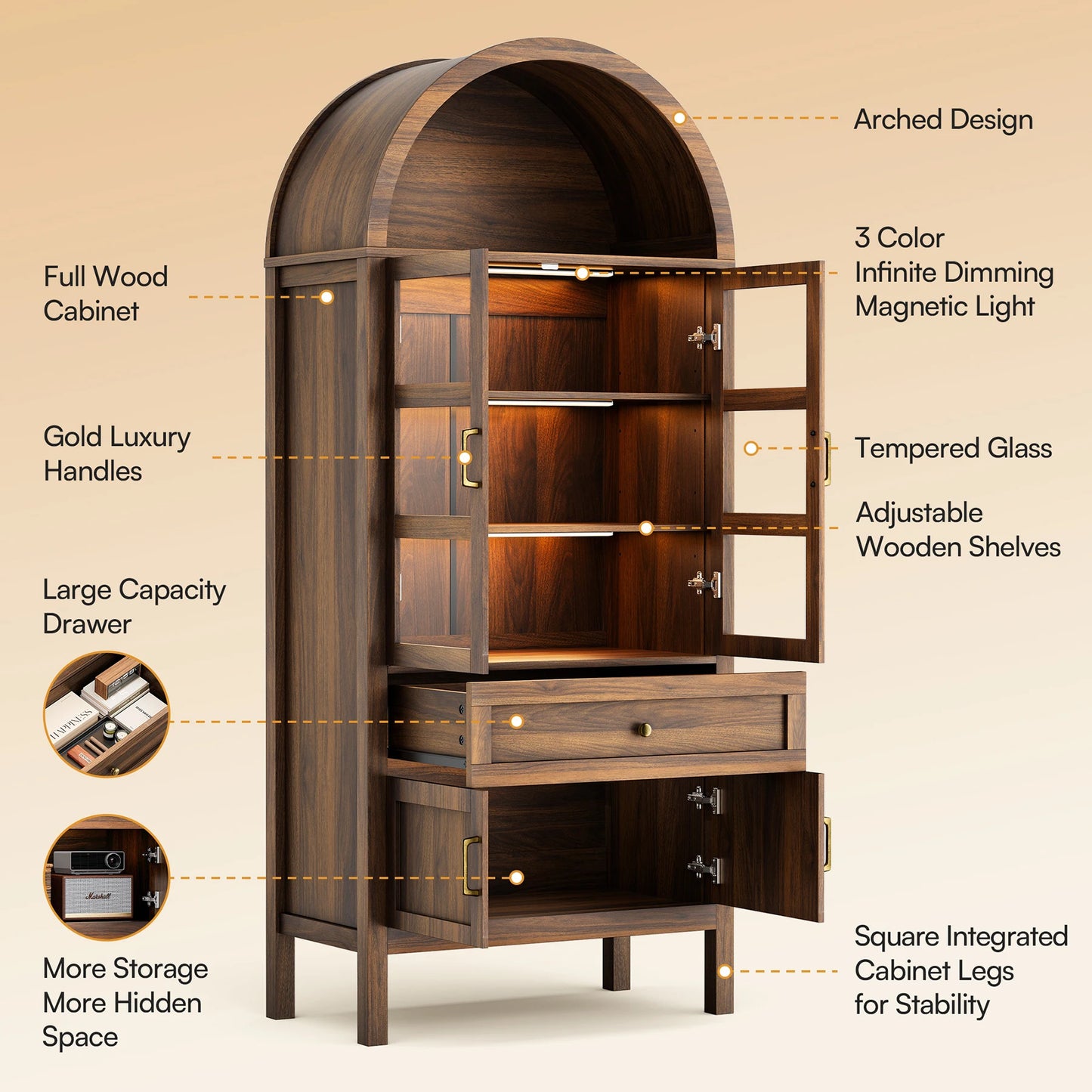 Cottinch Arched Wood Storage Cabinet With Dimmable LEDs And Adjustable Shelves