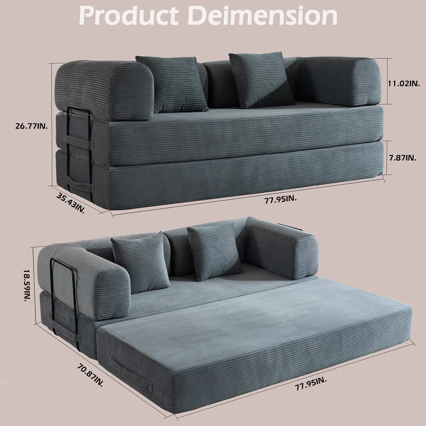 THOLASIS Folding Convertible Sofa Bed Corduroy Futon for Small Spaces