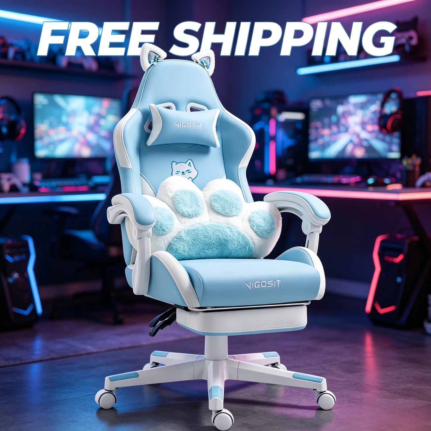 VIGOSIT Ergonomic Computer Chair With Footrest Headrest Cat Ears Massage Lumbar
