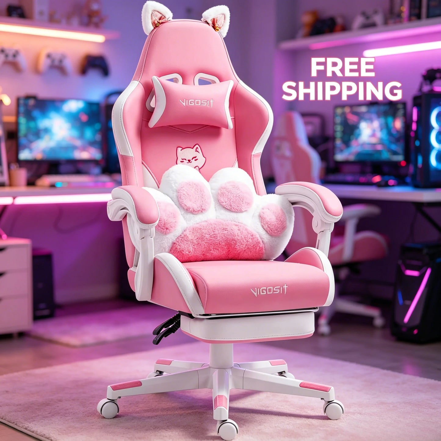 VIGOSIT Ergonomic Computer Chair With Footrest Headrest Cat Ears Massage Lumbar