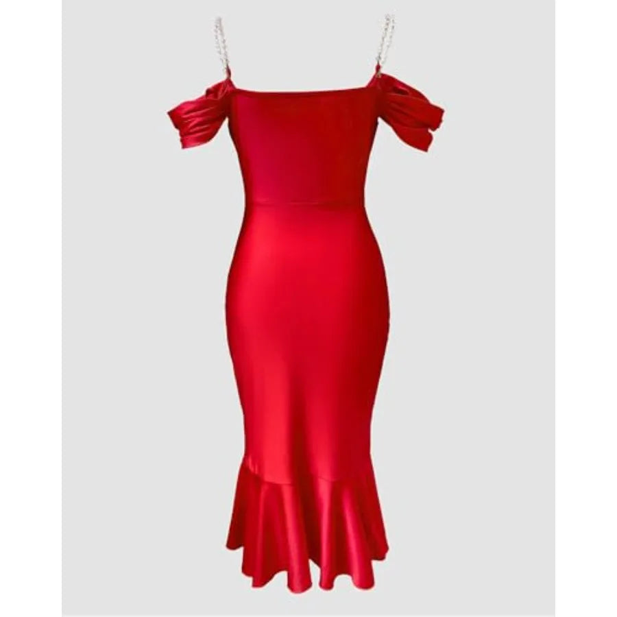 Womens Bodycon Party Dress Off The Shoulder Pearls Strap Midi Dress