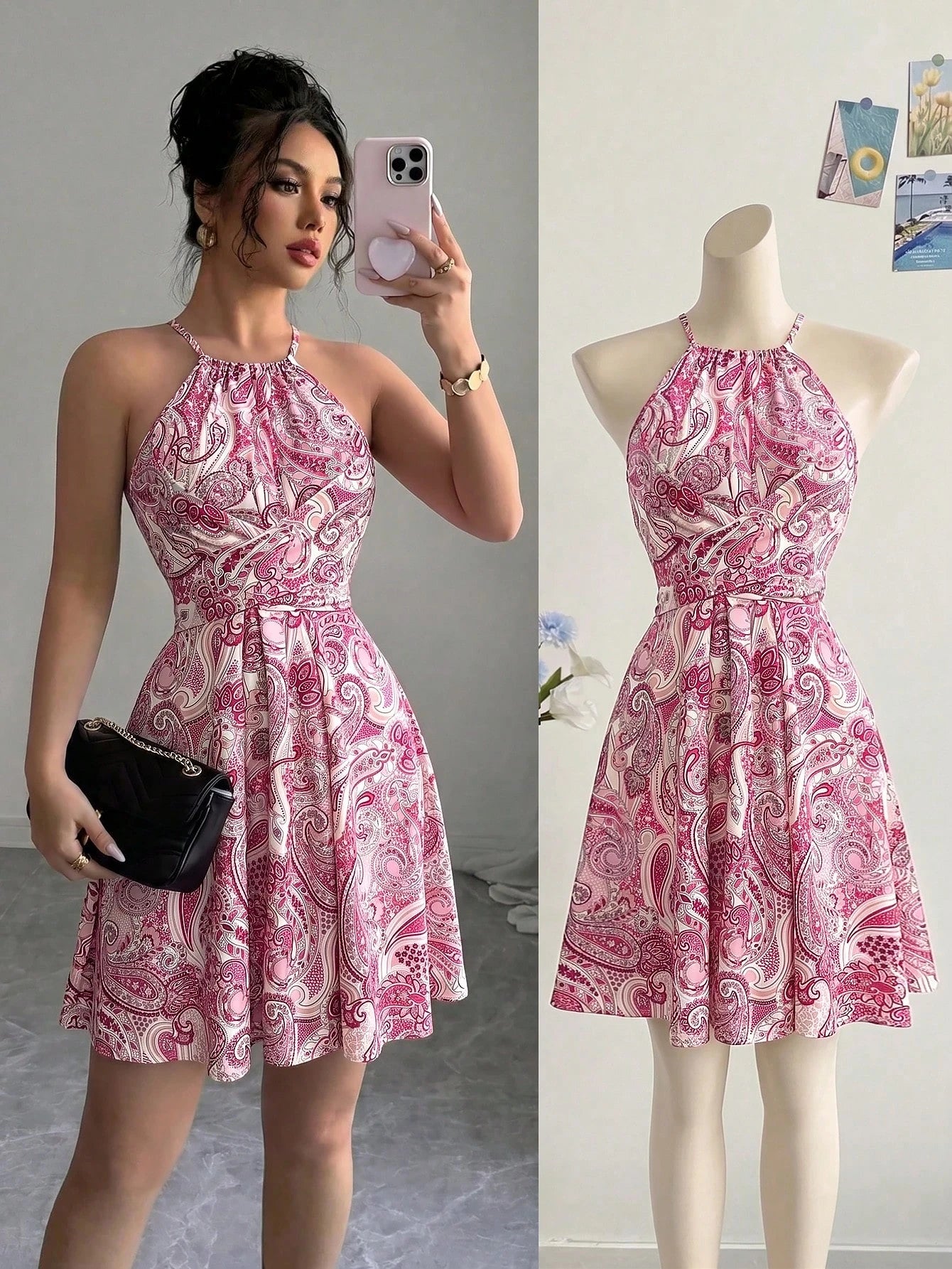 Tie Dye Print Halter Neck Dress Slim Fit High Waist