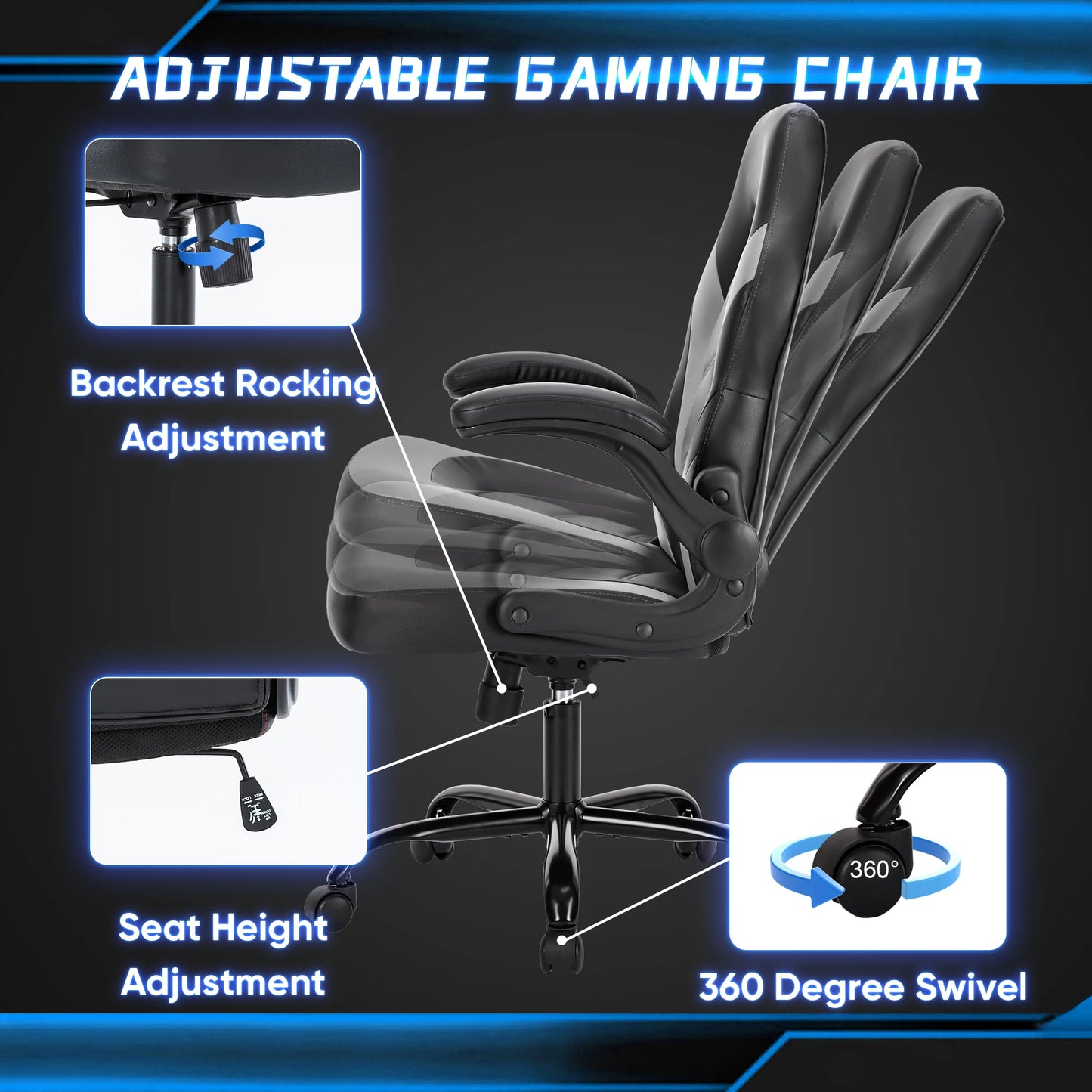 JHK Ergonomic Office Gaming Chair PU Leather Adjustable Armrest