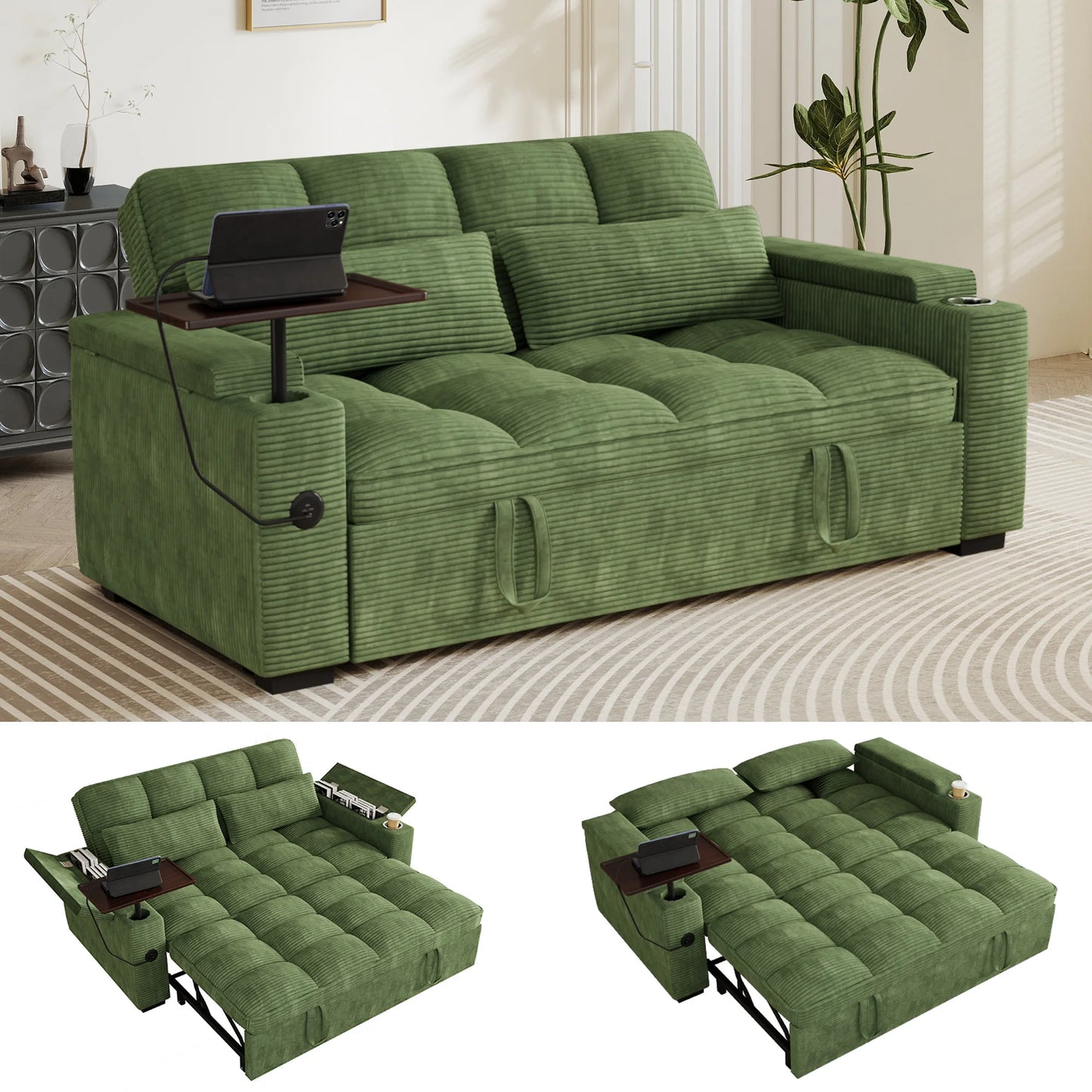 65 Inch Folding Convertible Sofa Bed With 360 Swivel Table