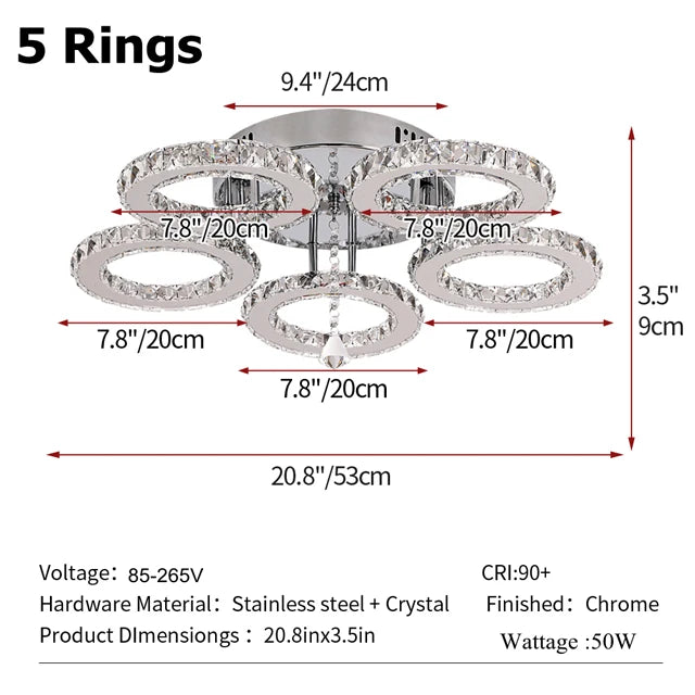 GreeLustr Modern Pendant Light LED Crystal Ring Ceiling Lamp