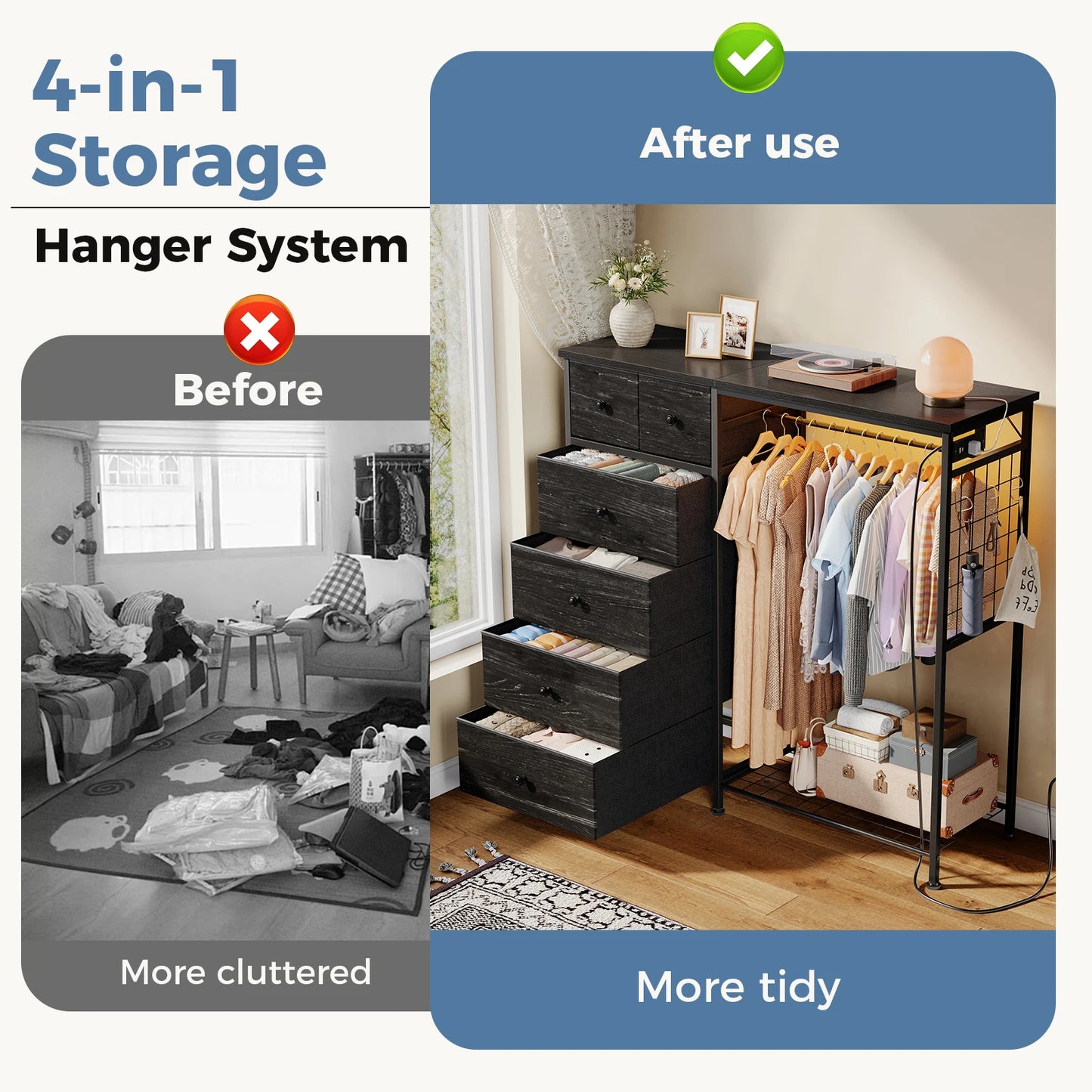 JHK Six Drawer Fabric Dresser With Hanging Rack And LED Lights