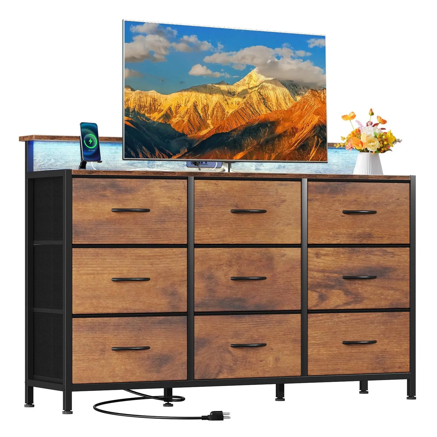 JHK TV Stand Dresser With Nine Fabric Drawers Wood Top