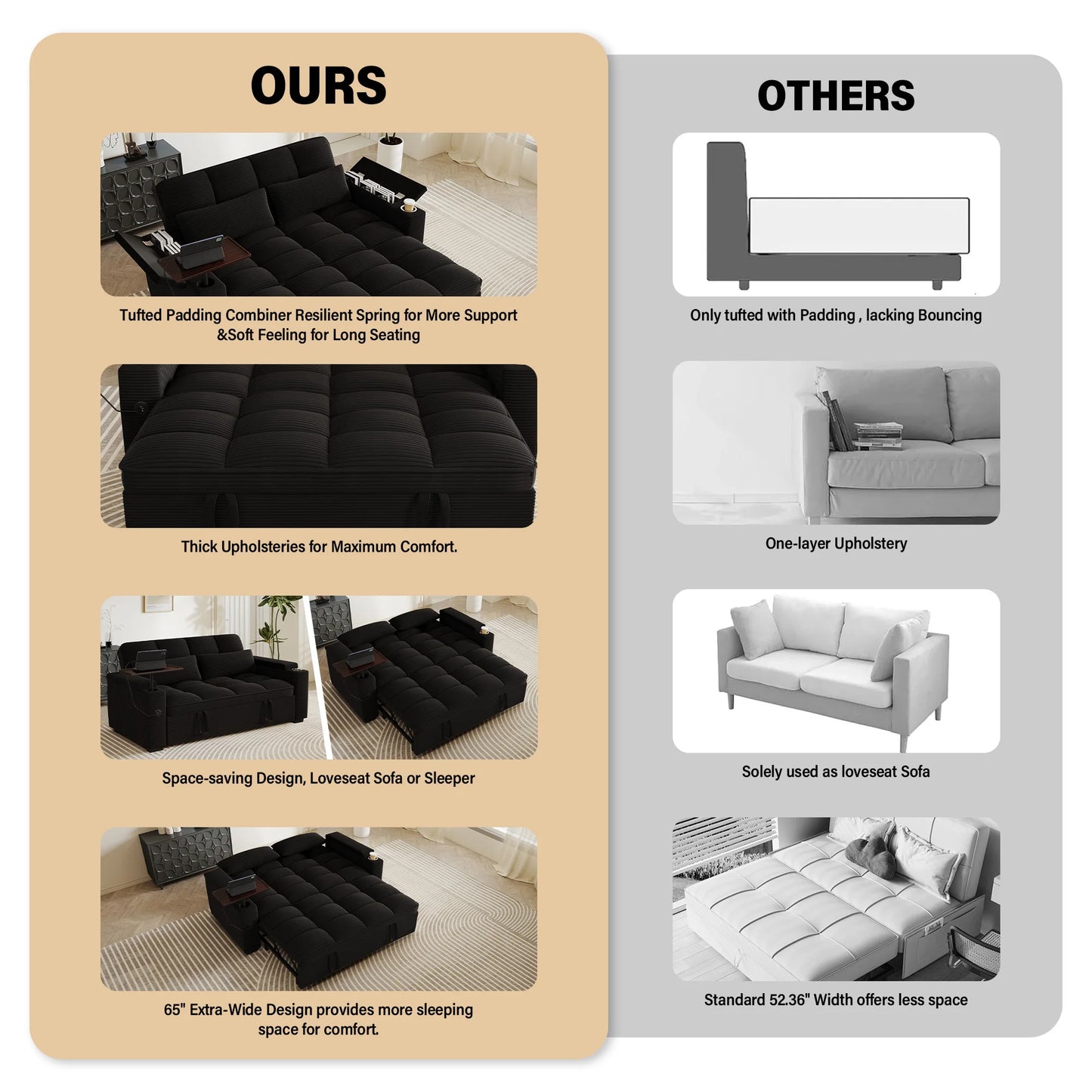 65 Inch Folding Convertible Sofa Bed With 360 Swivel Table