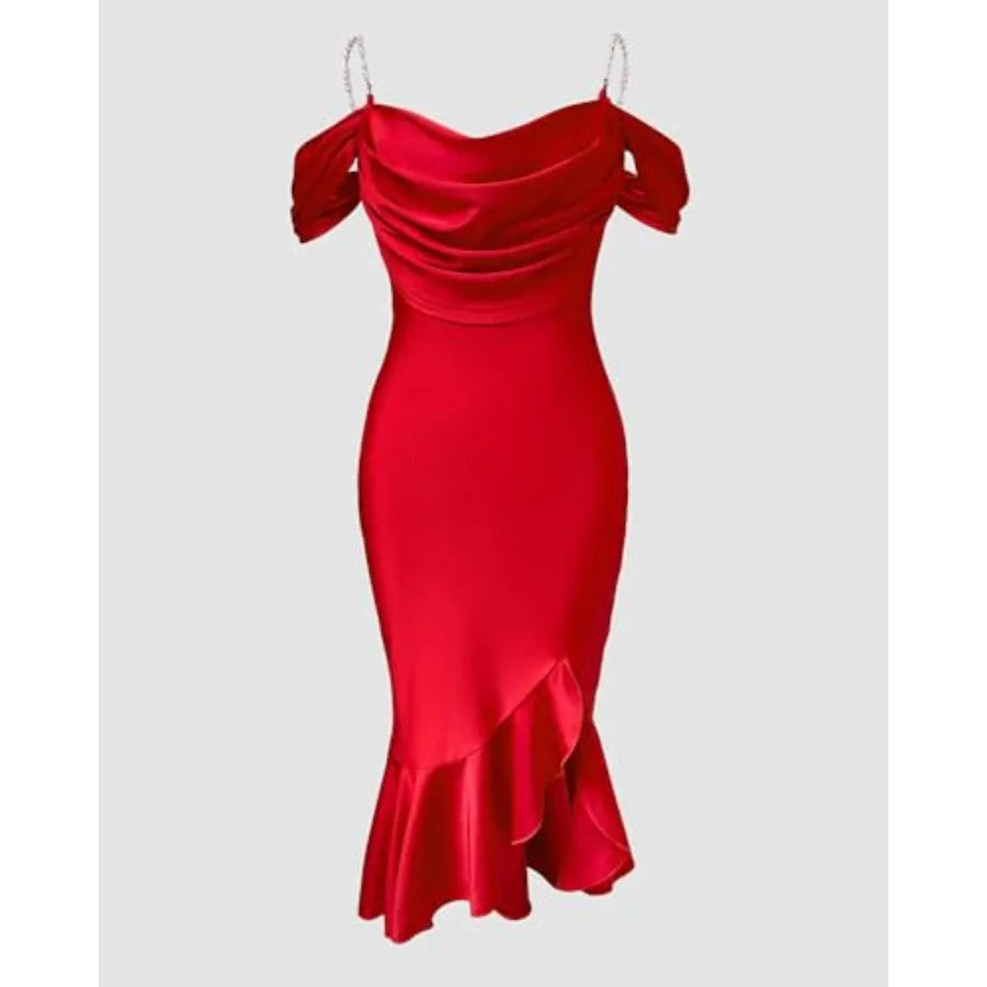 Womens Bodycon Party Dress Off The Shoulder Pearls Strap Midi Dress