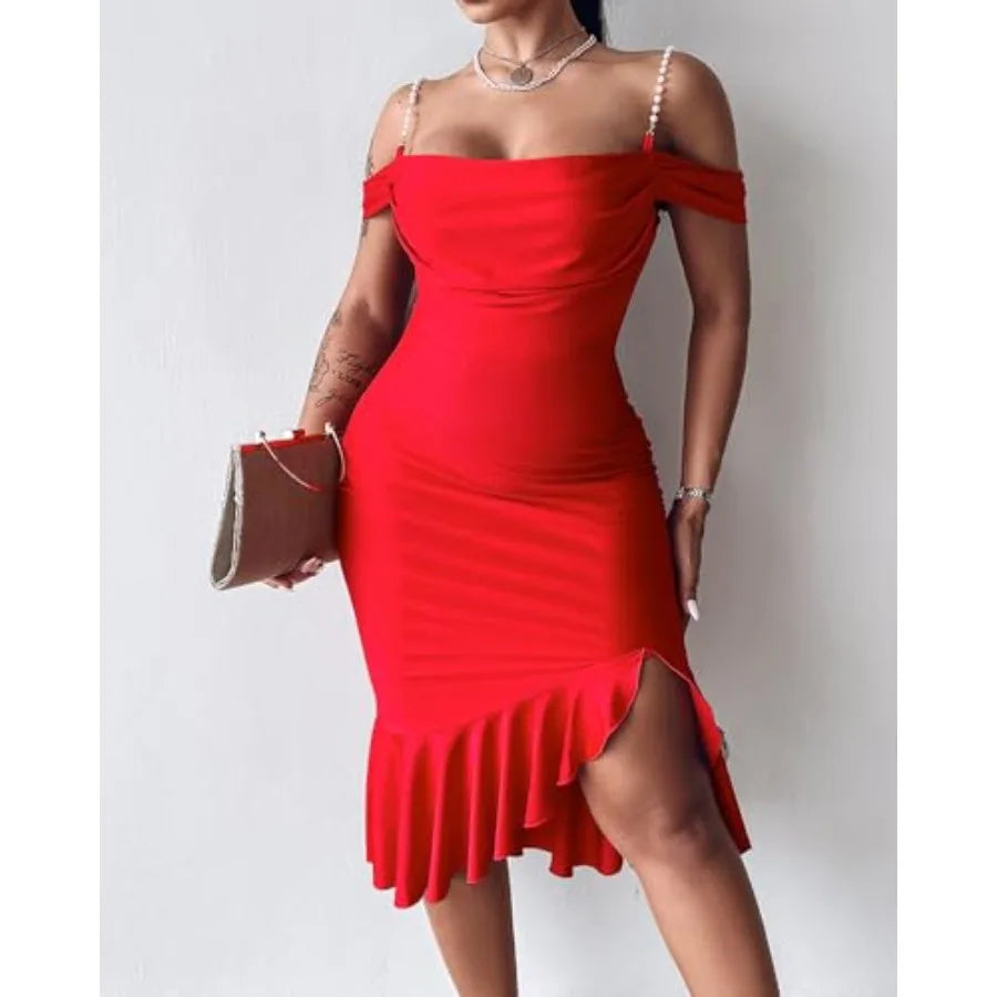 Womens Bodycon Party Dress Off The Shoulder Pearls Strap Midi Dress