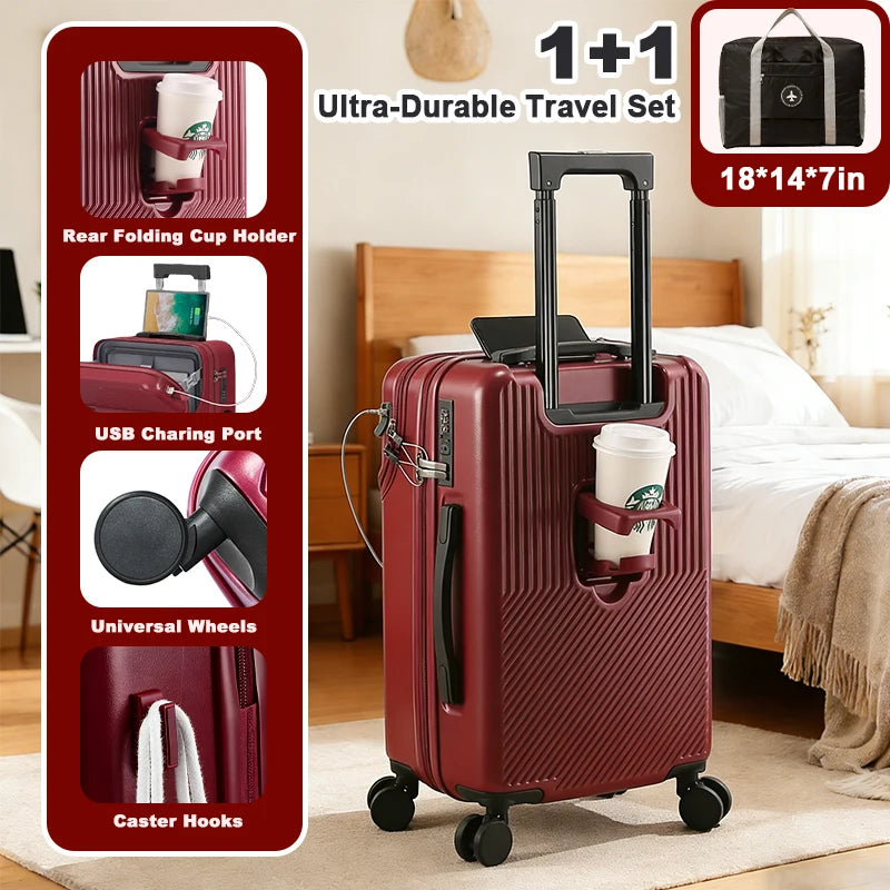 Carry On Luggage Set Cup Holder Spinner Wheels TSA Lock