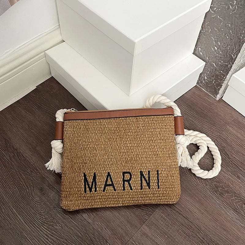 Minimalist Straw Crossbody Bag With Thick Rope Strap Embroidery