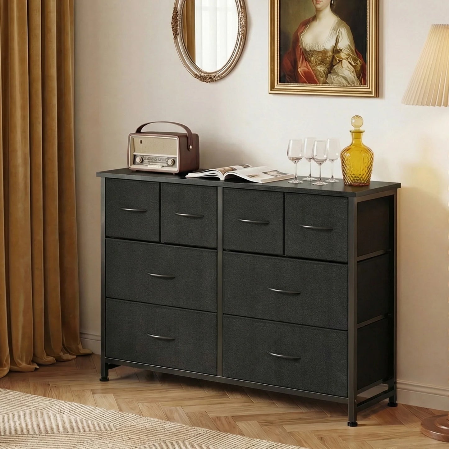 JHK Fabric Drawers Dresser With Wood Top And Metal Frame Storage Tower