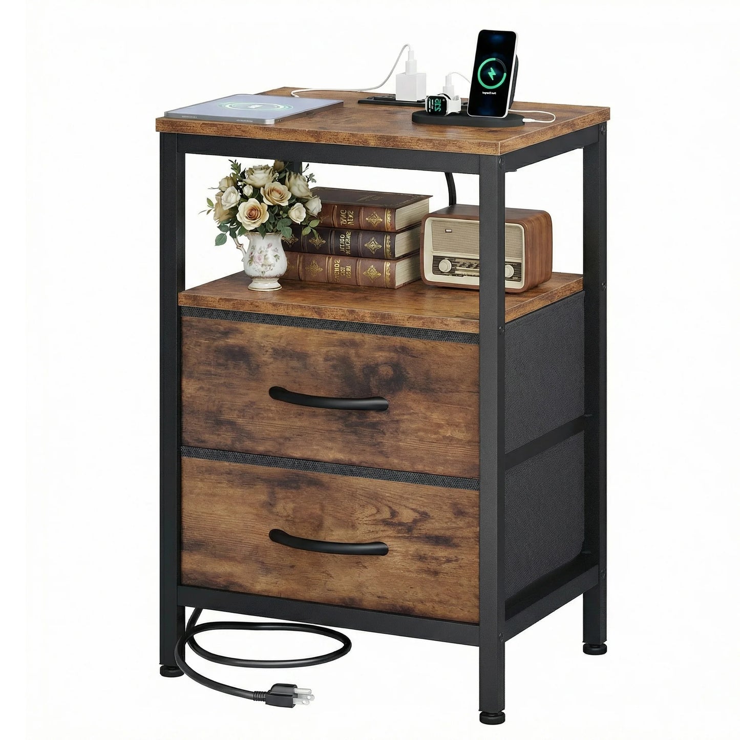 JHK Fabric Drawers Nightstand With USB Charging Station And Shelf