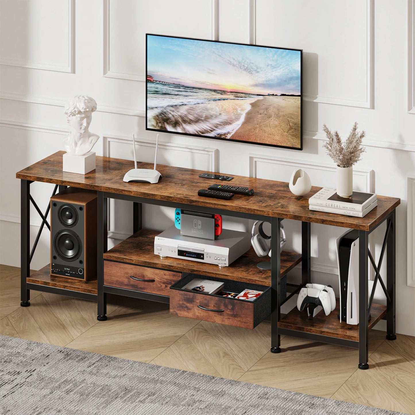 JHK Wooden TV Stand With Charging Station And Drawers Media Console