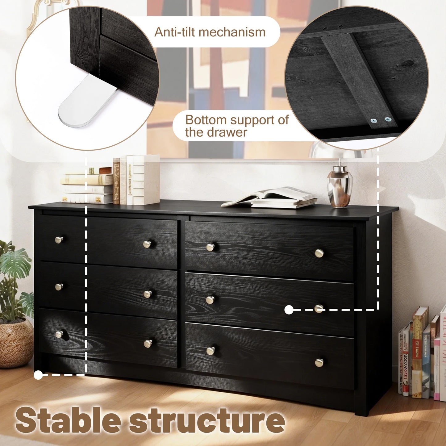JHK Modern Wood Dresser Cabinet With Six Drawers Living Room