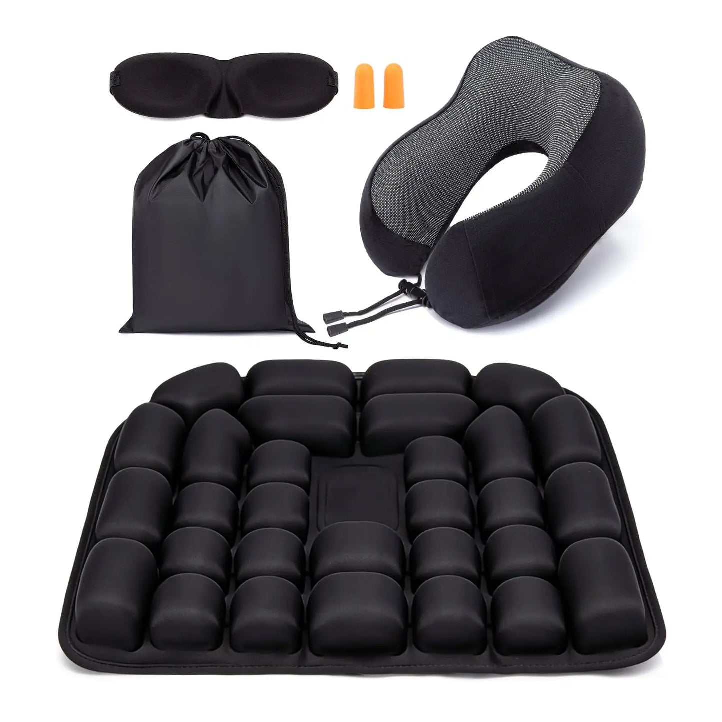 Filling Inflatable Travel Cushion Set U Neck Pillow Eye Mask Ear Plugs Carry Bag