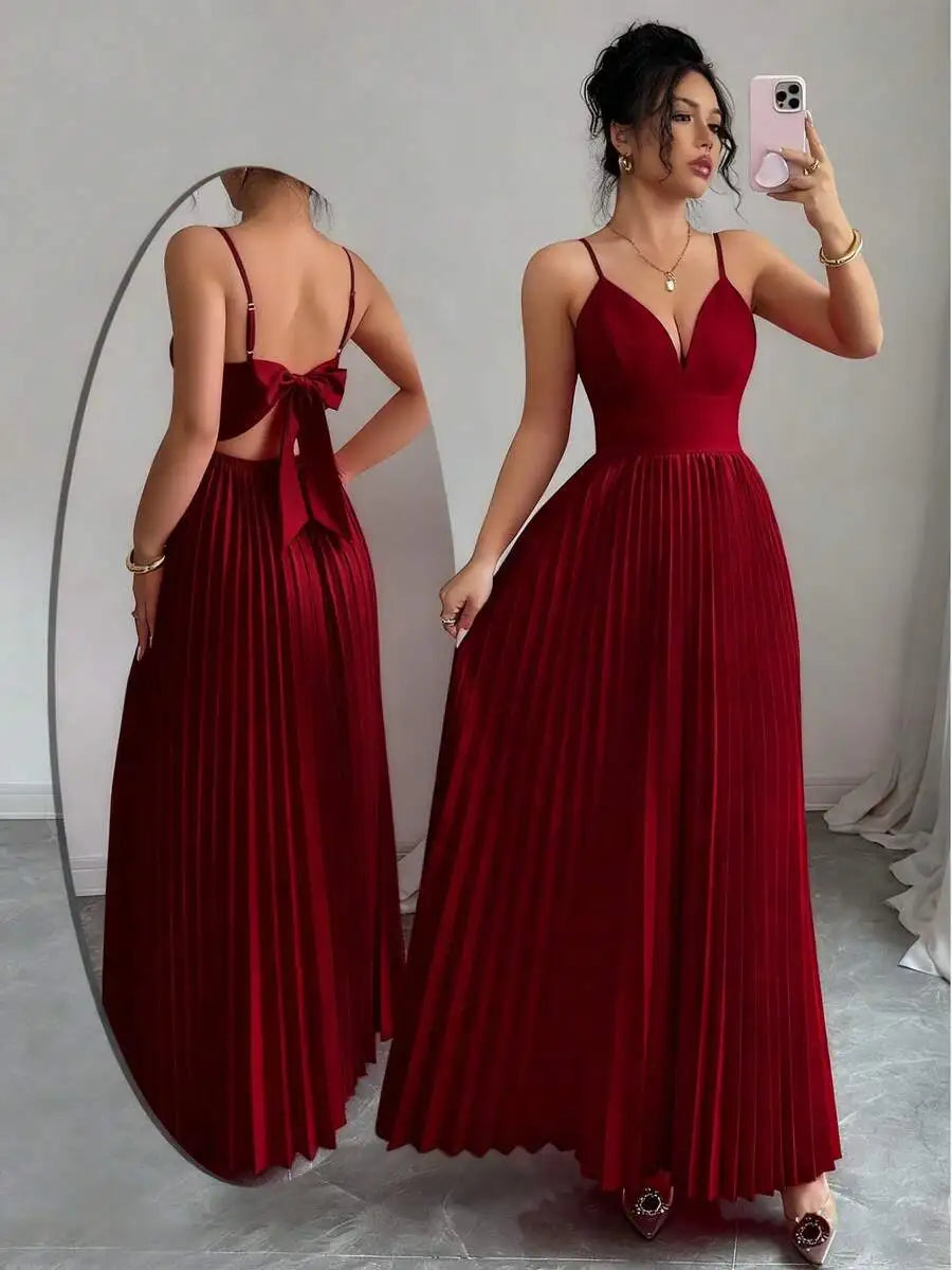Pleated Floor Length Prom Dress With V Neck Spaghetti Straps Crepe